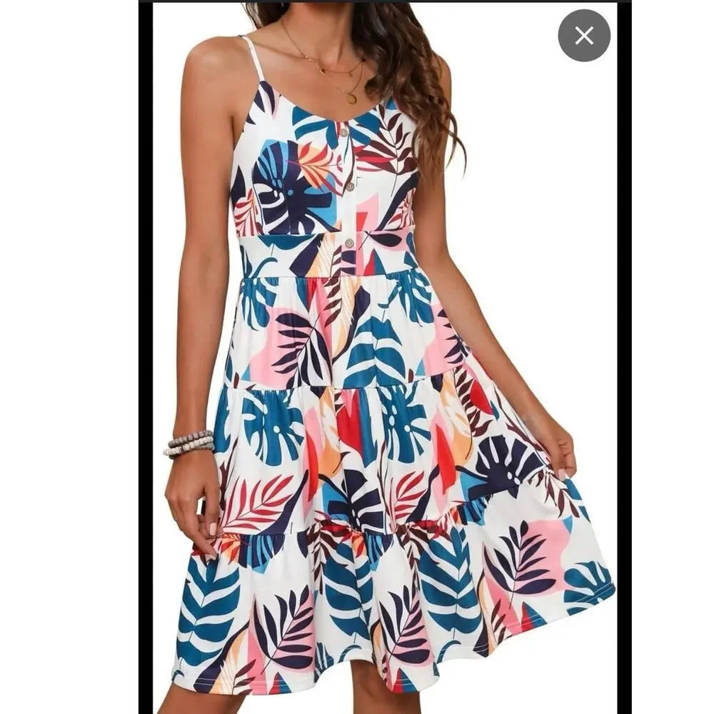 Yathon, L white floral pockets, adjustable string side‎ zip sundress, NEW